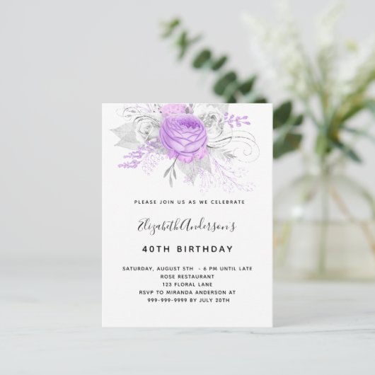 Birthday purple florals elegant silver uitnodiging briefkaart (Staand voorkant)