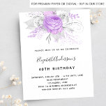 Birthday purple florals elegant silver uitnodiging briefkaart<br><div class="desc">For a 40th (or any age) birthday party. A stylish white background. Decorated with purple and white florals, roses and silver foliage. Personalize and add a name and party details. Tip: If you don't want it to look like a postcard, click customize, go to the back and remove the divider...</div>