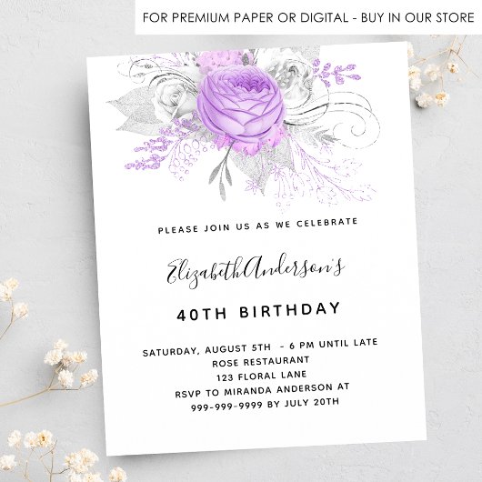 Birthday purple florals elegant silver uitnodiging briefkaart