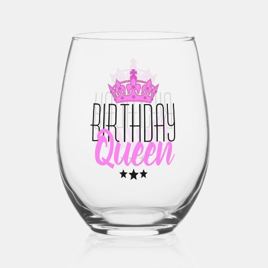 Birthday Queen en Pink Crown Wijnglas Zonder Voet (Voorkant)
