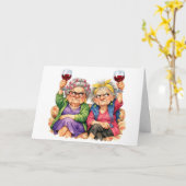Birthday Quirky Old Ladies with Red Wine Kaart (Gele Bloem)