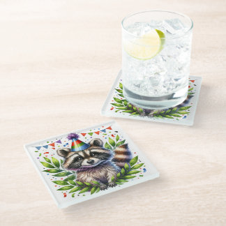 Birthday Raccoon Kids, birthday party, fun design Glazen Onderzetter