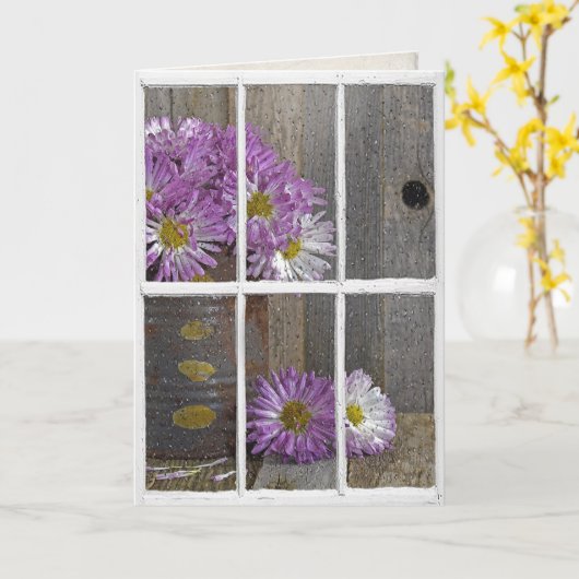 birthday rain on window with mums kaart (Gele Bloem)