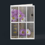 birthday rain on window with mums kaart<br><div class="desc">Rain drops on window with purple mums in rusty tin can for friend's birthday.</div>