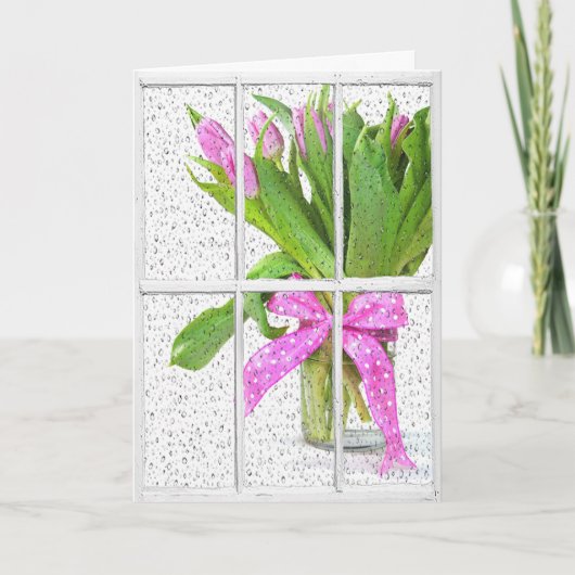 birthday rain on window with tulips kaart (Voorkant)
