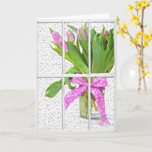 birthday rain on window with tulips kaart (Gele Bloem)