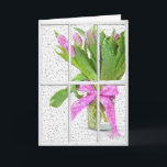 birthday rain on window with tulips kaart<br><div class="desc">Rain drops on window with pink tulip bouquet for friend's birthday.</div>