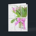 birthday rain on window with tulips kaart<br><div class="desc">Rain drops on window with pink tulip bouquet for friend's birthday.</div>