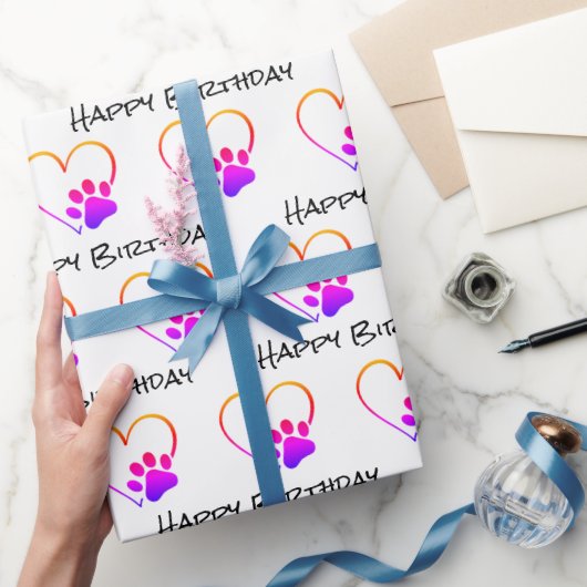 Birthday Rainbow Paw Print met hart Cadeaupapier (Geschenken)