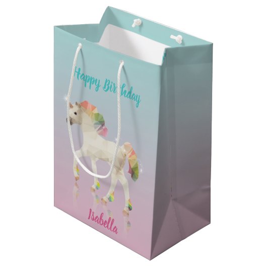 Birthday Rainbow Unicorn Name - Medium Gift Bag Cadeauzakje (Voorkant Gekanteld)