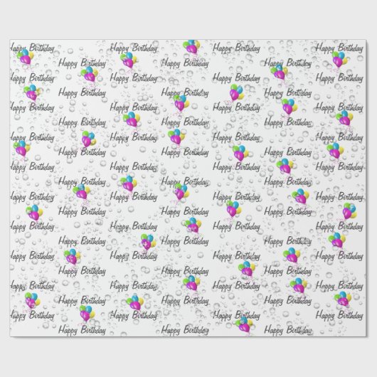 Birthday Raindrops and Balloons on White Cadeaupapier (Vlak)