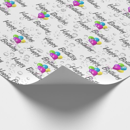 Birthday Raindrops and Balloons on White Cadeaupapier (Hoek)