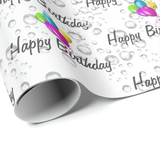 Birthday Raindrops and Balloons on White Cadeaupapier (Rol Hoek)