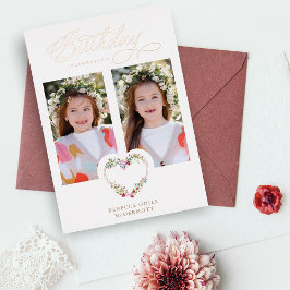 Birthday Real Roos Gold 2 Foto's Floral Heart Folie Uitnodiging