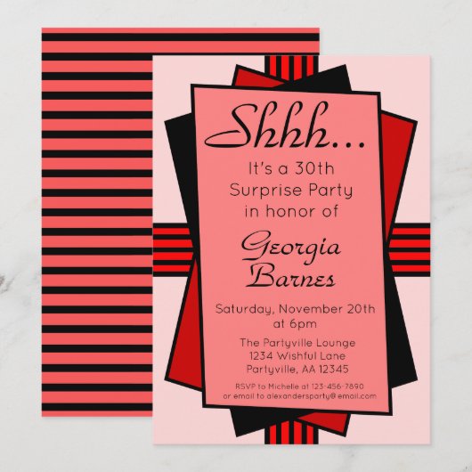 Birthday Red Art Deco Surprise Kaart (Voorkant / Achterkant)