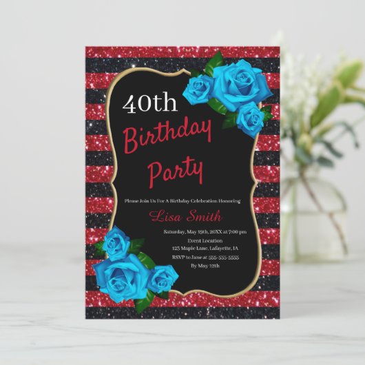 Birthday Red Black Stripes Glitter Blue Rozen Kaart (Staand voorkant)