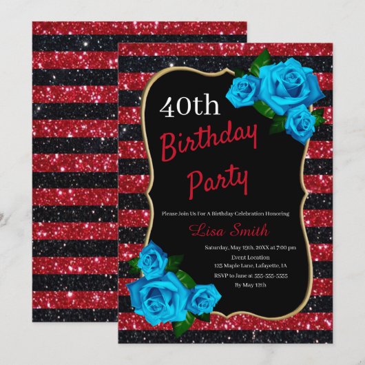 Birthday Red Black Stripes Glitter Blue Rozen Kaart (Voorkant / Achterkant)