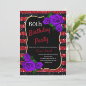 Birthday Red Black Stripes Glitter Paarse Rozen Kaart (Staand voorkant)