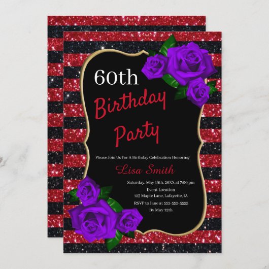 Birthday Red Black Stripes Glitter Paarse Rozen Kaart (Voorkant / Achterkant)
