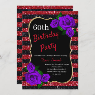 Birthday Red Black Stripes Glitter Paarse Rozen Kaart