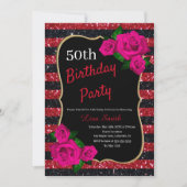 Birthday Red Black Stripes Glitter roze rozen Kaart (Voorkant)