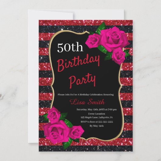 Birthday Red Black Stripes Glitter roze rozen Kaart (Voorkant)