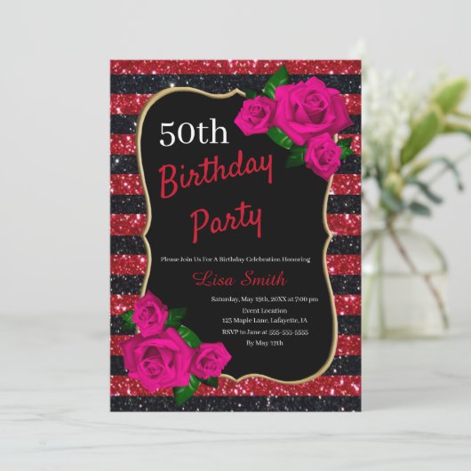 Birthday Red Black Stripes Glitter roze rozen Kaart (Staand voorkant)