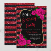 Birthday Red Black Stripes Glitter roze rozen Kaart (Voorkant / Achterkant)