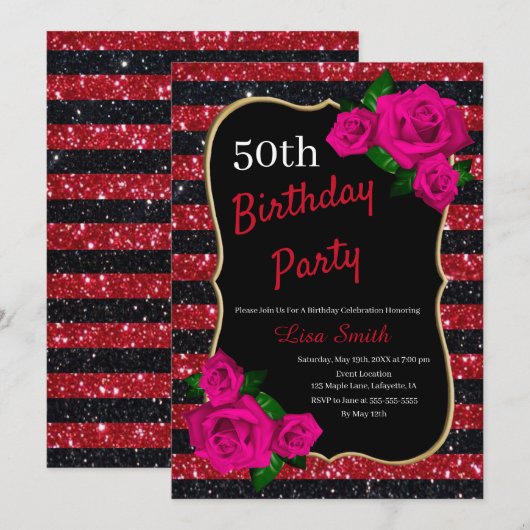 Birthday Red Black Stripes Glitter roze rozen Kaart (Voorkant / Achterkant)