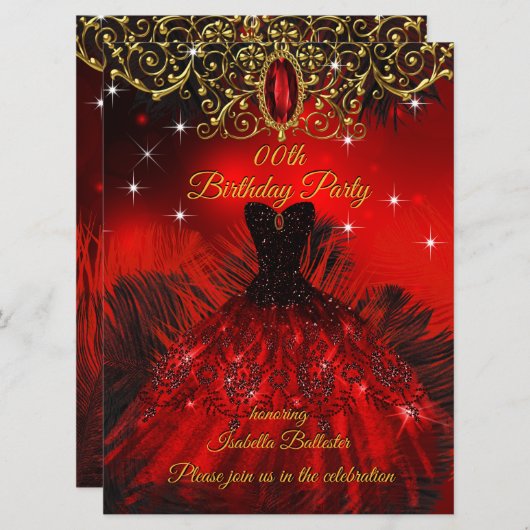 Birthday Red Dress Black Feathers Gold Kaart (Voorkant / Achterkant)