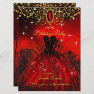 Birthday Red Dress Black Feathers Gold Kaart
