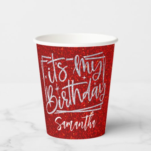 Birthday Red Glitter 18 | 21e | 30e |50e Papieren Bekers (Achterkant)