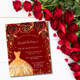 Birthday red gold glitter jurk budget uitnodiging flyer