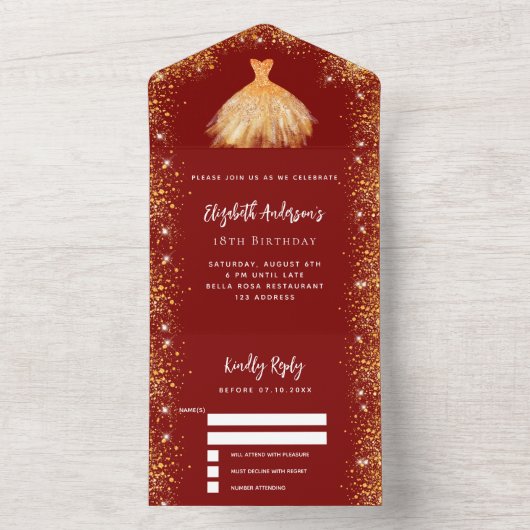 Birthday red gold jurk glitter RSVP All In One Uitnodiging (Binnen)