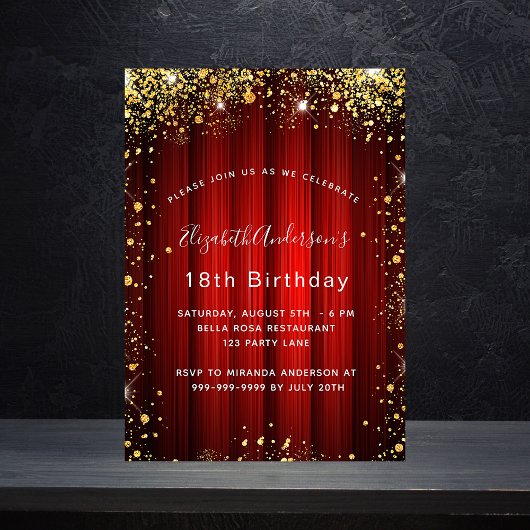Birthday red gold sparkles film theater luxe kaart