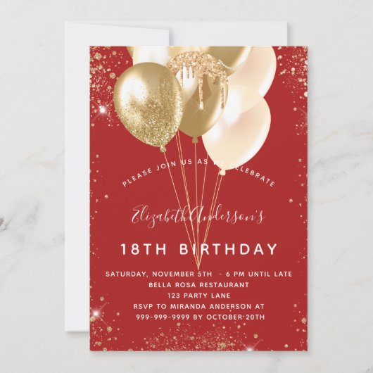 Birthday red goudballonnen kaart (Voorkant)