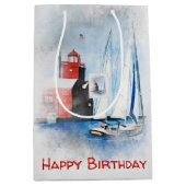 Birthday Red Michigan Lighthouder met Sailboot Medium Cadeauzakje (Voorkant)