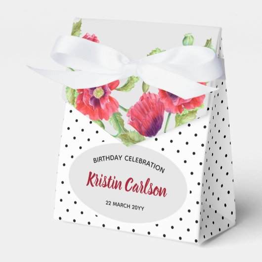 Birthday Red Poppies met Black White Polka Dot Bedankdoosjes (Voorkant Zijde)