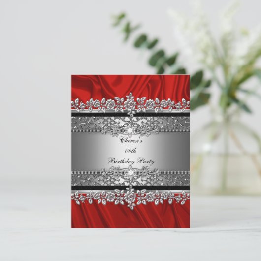Birthday Red Silk Silver Black Diamond Kaart (Staand voorkant)