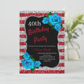 Birthday Red Silver Stripes Glitter Blue Rozen Kaart (Staand voorkant)