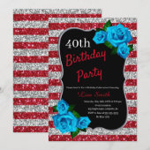 Birthday Red Silver Stripes Glitter Blue Rozen Kaart (Voorkant / Achterkant)