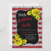 Birthday Red Silver Stripes Glitter Yellow Roses Kaart (Voorkant)