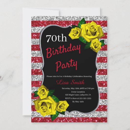 Birthday Red Silver Stripes Glitter Yellow Roses Kaart (Voorkant)