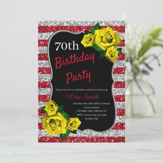 Birthday Red Silver Stripes Glitter Yellow Roses Kaart (Staand voorkant)