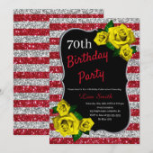Birthday Red Silver Stripes Glitter Yellow Roses Kaart (Voorkant / Achterkant)