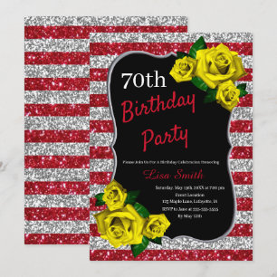 Birthday Red Silver Stripes Glitter Yellow Roses Kaart