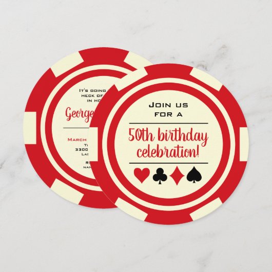 Birthday Red White Poker Chip Casino Las Vegas Kaart (Voorkant / Achterkant)