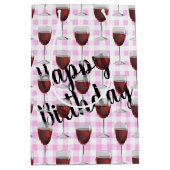 Birthday Red Wine op roze gingham Medium Cadeauzakje (Voorkant)