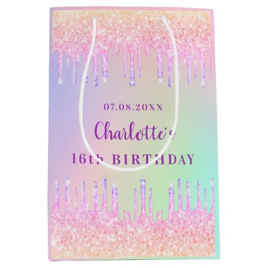 Birthday regenbooglitter druipt roze monogram medium cadeauzakje (Voorkant)