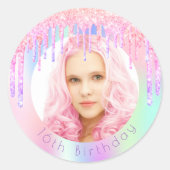 Birthday regenbooglitter druist aangepaste foto ro ronde sticker (Voorkant)